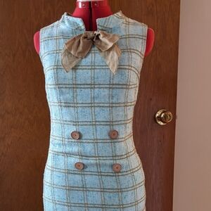 Mod 60s Plaid Blue Dress with Bow Size 6